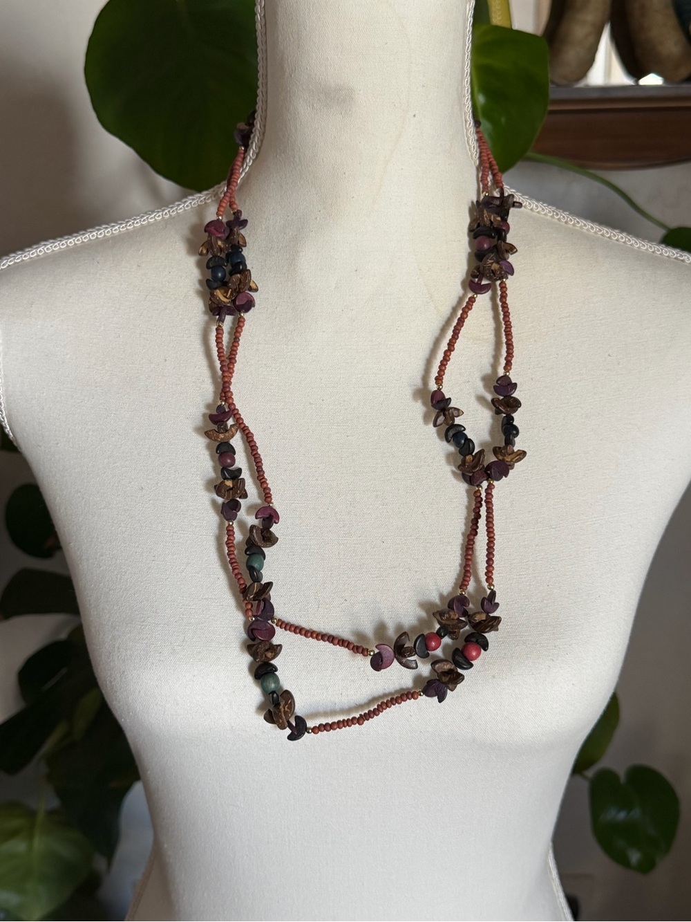 Vintage Rust & Purple Multi-Strand Long Wood Beaded Necklace